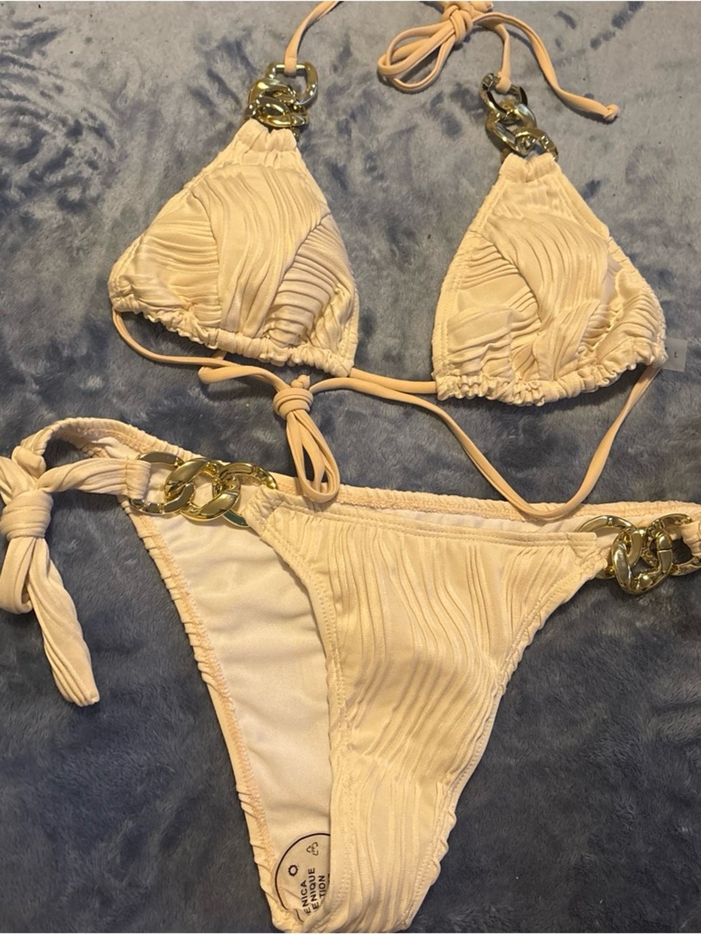 Cream Textured Two-Piece Bikini with Gold Chain Accents